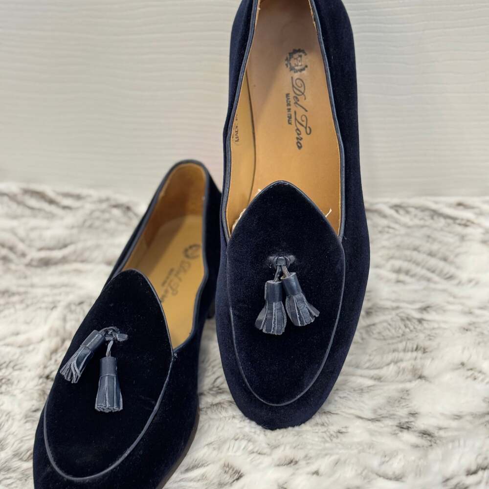 Women’s Del Toro Tassel Loafers - Navy Velvet with Red Stripe Flats Size 9